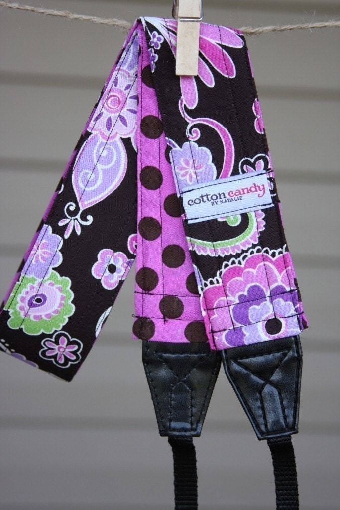 Purple Flowers and Dots Reversible Camera Strap