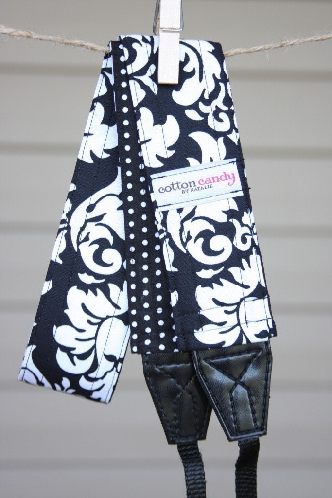 Black Damask and Dots Reversible Camera Strap