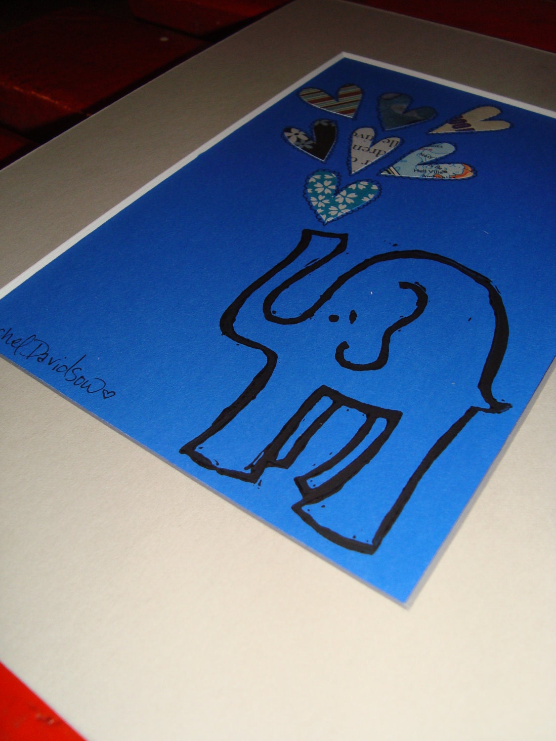 Elephant Love Original Mixed Media Linocut 5 x 7 with 8 x 10 mat