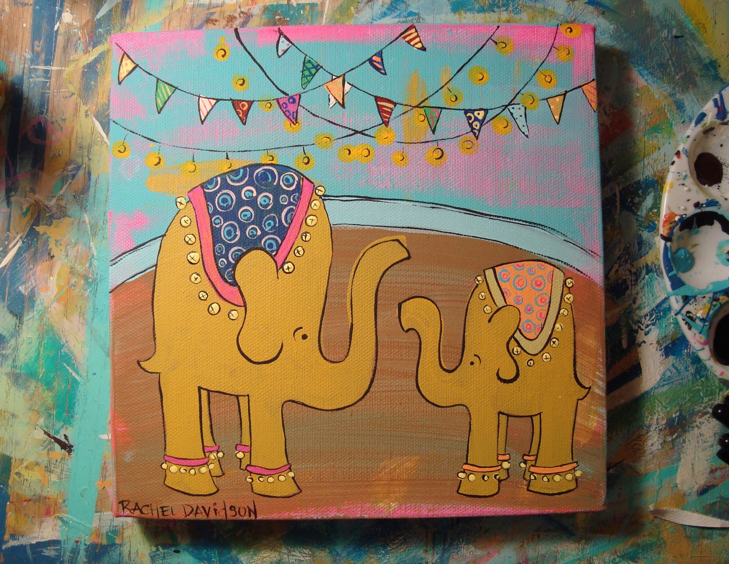Super Colossal Christmas Sale Elephants Under the Big Top 8 x 8 Original Painting on Canvas