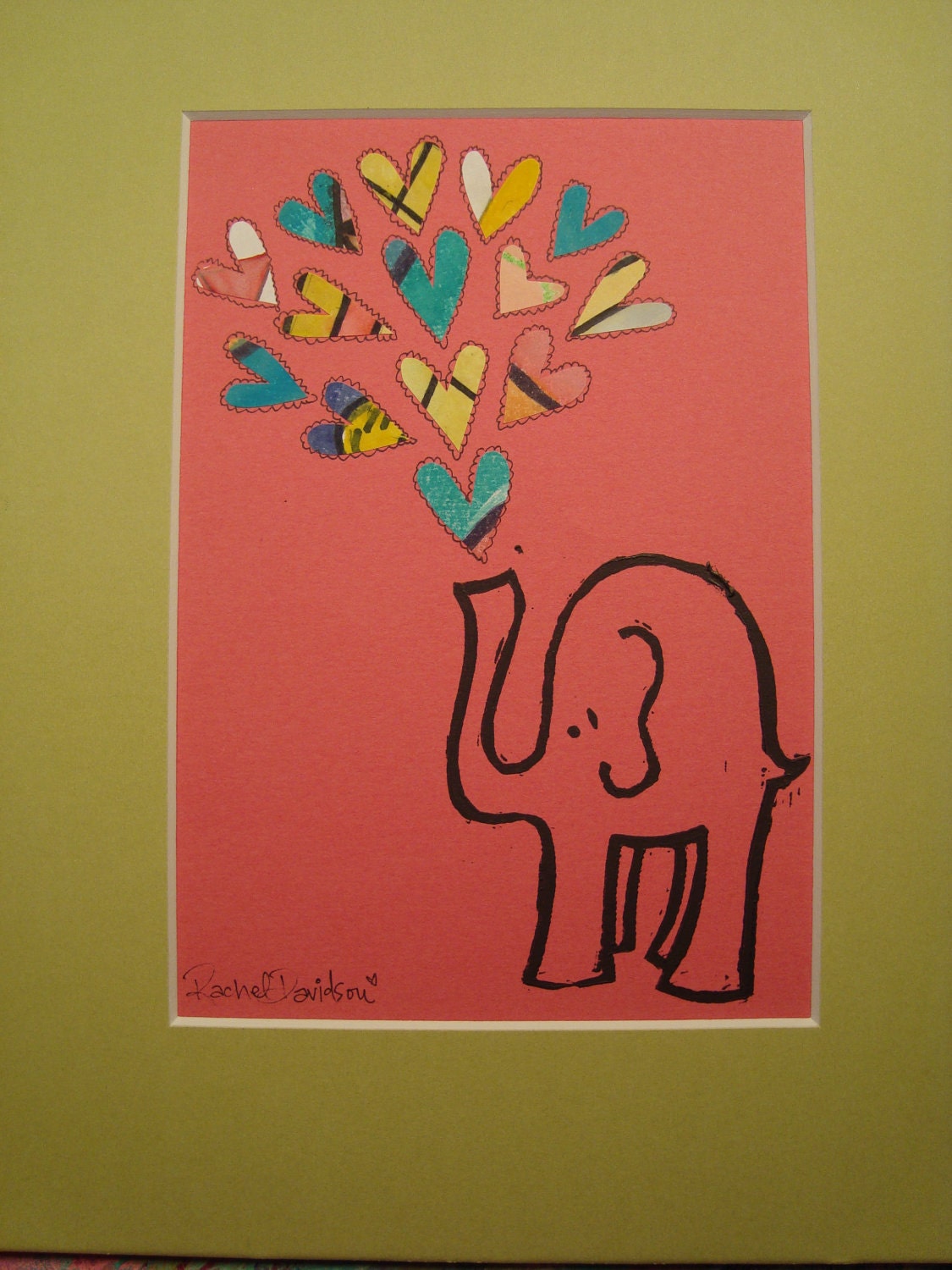 Elephant Love-Mixed Media Linocut 5 x 7 in 8 x 10 Mat