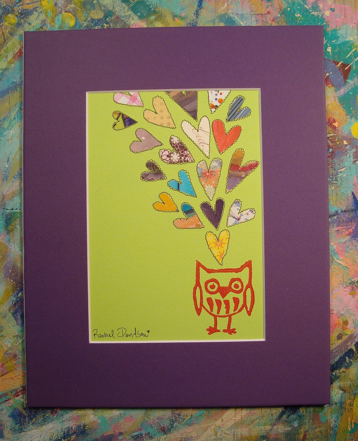Owl Overflow With Love For You-Mixed Media Linocut 5 x 7 in 8 x 10 Mat