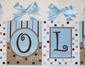 Blue Brown Dots 8x10 custom canvas letter name sign wall monogram initials art hand painted GIRL BOY white chocolate tan stripes