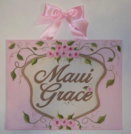 Shabby Cottage Chic rose rosebud custom canvas letter name sign wall art baby nursery kids handpainted pink scroll brown flowers floral