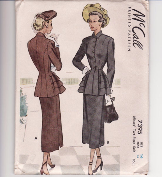 Vintage Sewing Pattern Misses Two Piece Suit 1940's McCall 7395 34 Bust SALE