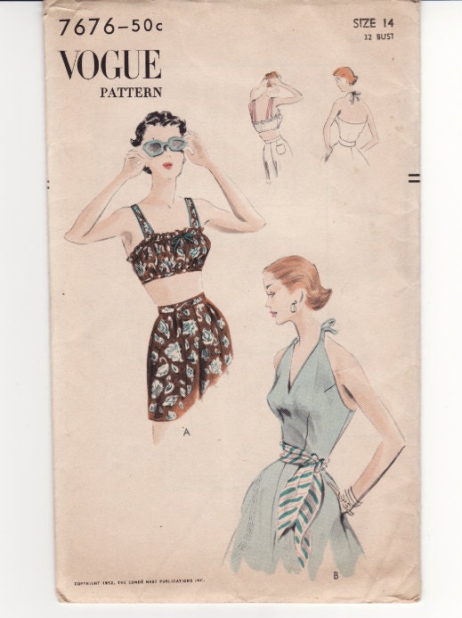 Vintage Sewing Pattern 1950's Beach Bra and Halter Top Vogue 7676 32" Bust FF