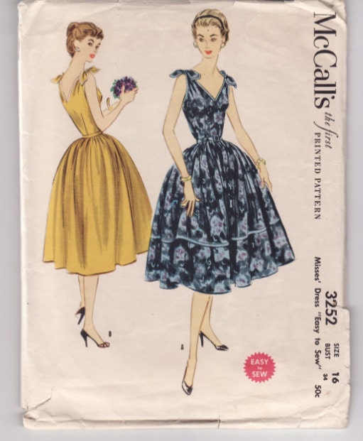 Vintage Sewing Pattern RARE 1950's Tie Shoulder Sun Dress McCall's 3252 34 Bust
