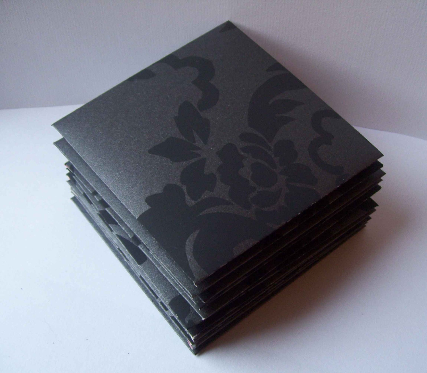 LAST SET Black charcoal damask set of 5 upcycled envelopes 4 ins x 4 ins (10cm x 10cm)
