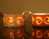 Trio of delicate luminaries, tea light cups, salt cellars, white with spiral pattern. Ready to ship