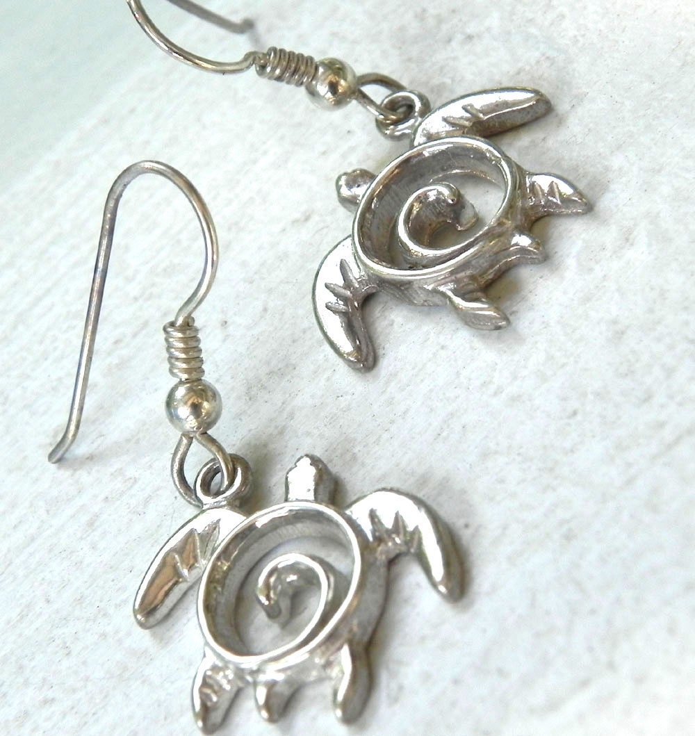 Sea Turtle Earrings - Turtle Earrings - Silver Sea Turtle Jewelry - Unique Turtle Totem Jewelry - Dangle Swirl Turtles