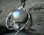 Moonstone Necklace - Rainbow Moonstone Blue Topaz Pendant - Silver Swirl Gemstone Jewelry - December Birthstone - Aqua Winter Blue Ice