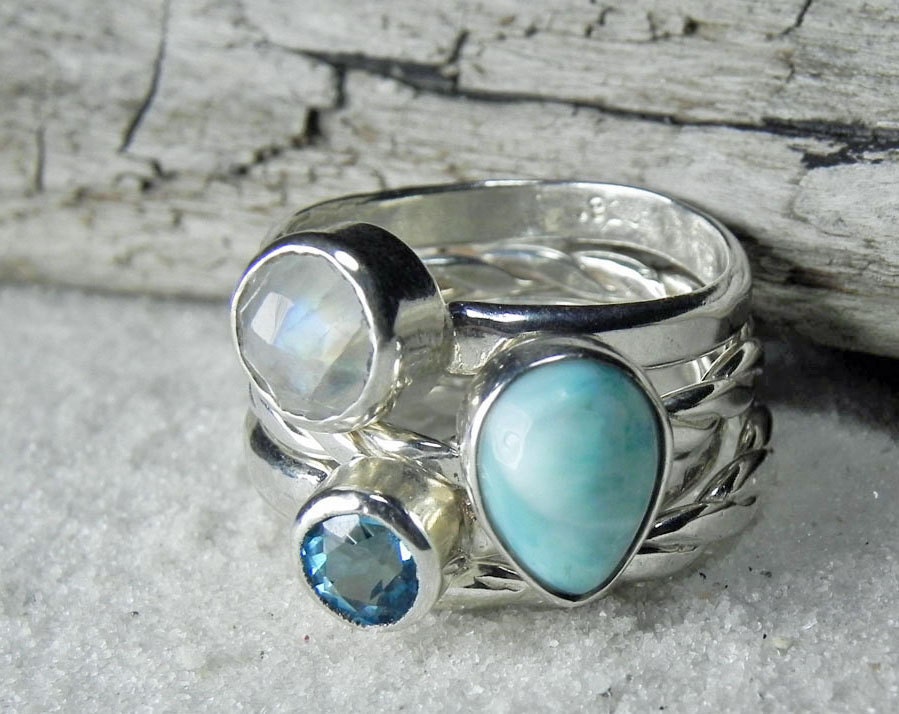 Stacking Rings - Larimar, Topaz, Moonstone Stacker Set - Gemstone Stack Rings - Ocean Blue, Aqua Gemstone Jewelry
