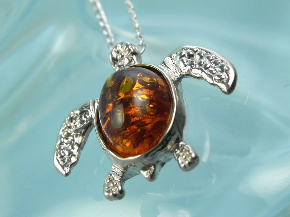 NECKLACE - Sea Turtle Amber Necklace - Sterling Silver Baltic Amber Necklace - Sea Turtle Jewelry - Ocean Inspired