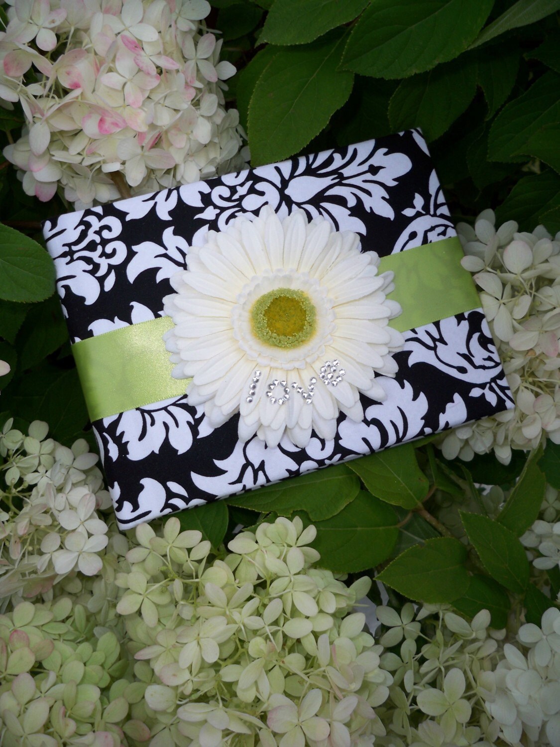 Dandy Damask Black and White Guest Book With Lime Accent