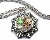 Steampunk Necklace - Beautiful Celtic & Vintage Clockwork Design - Light Peridot Green Swarovski Crystals PROMPTLY SHIPPED Steampunk Jewelry
