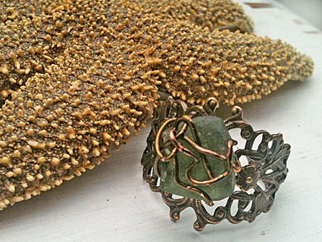 Olive Green Sea Glass Bronze Filigree Adjustable Ring