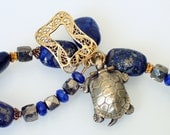 Vintage Turtle Charm Bracelet - Lapis Gemstones -  Gold Vermeil - Pyrite - Statement Jewelry - Tortoise -  Unique Jewelry - Blue Stone