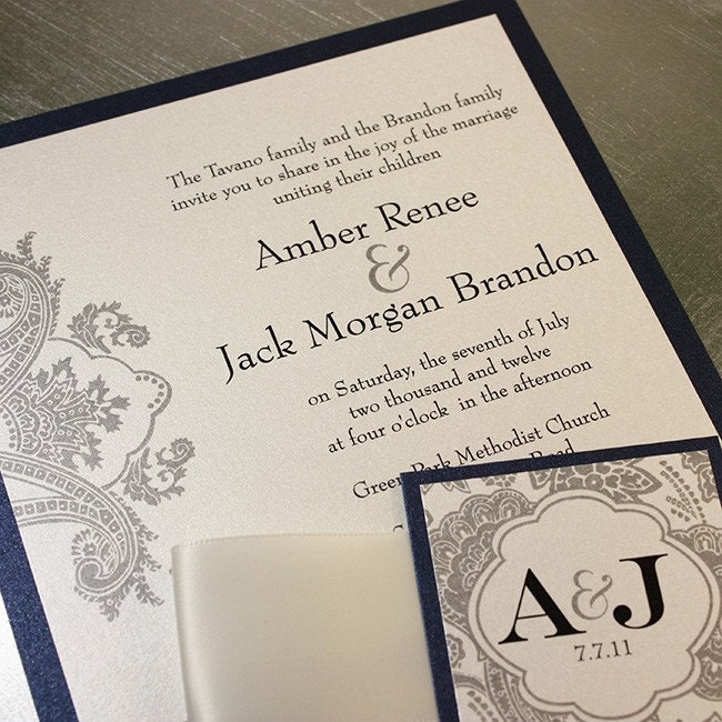 Midnight Silver Bellevue Wedding Invitation Suite - Ribbon Belly Band - Sample Kit