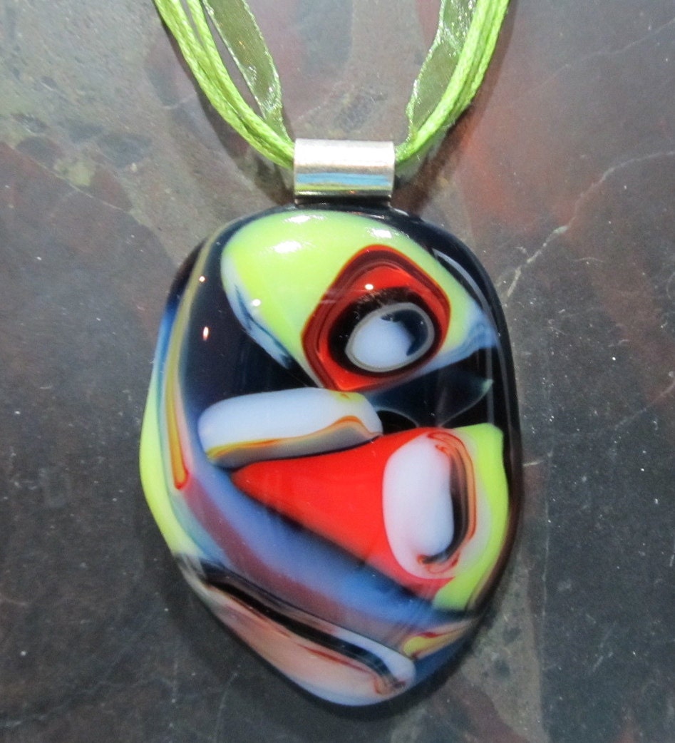 Fused Glass Pendant with ribbon necklace: Distractions