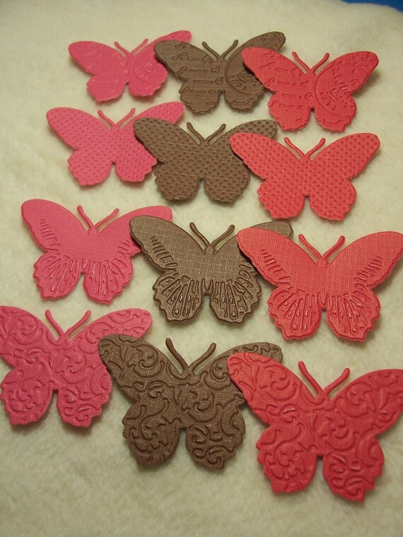 12 Piece Set of Very Lovely Brown/Red Embossed Paper Butterfly Scrapbook Embellishments