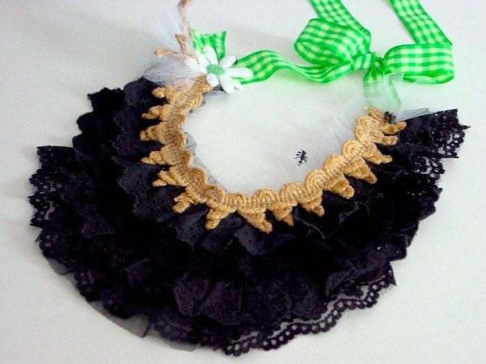 Victorian Picnic bib neckpiece .  madcap macabre cottage couture . burlap lace gingham tulle ants daisy . ooak Halloween goth - mythunderstood