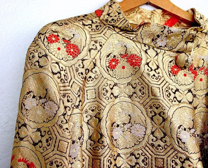 Vintage 60s regency brocade coat . metallic gold lame' jacquard cocktail party wedding frock . classic oriental bird peony floral