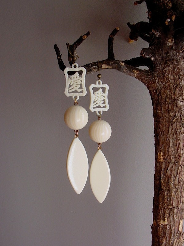 Love Kanji earrings . poetic winter white ivory romantic far east statement . valentine or bridal bridesmaid gift under 40 dollars