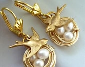 Unique Gold Swallow Bird Nest Fresh Water Pearl Brass Charm Earring