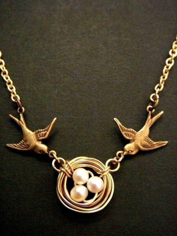 Handmade 2 Gold Swallow Birds Nest Pearl Charm Necklace