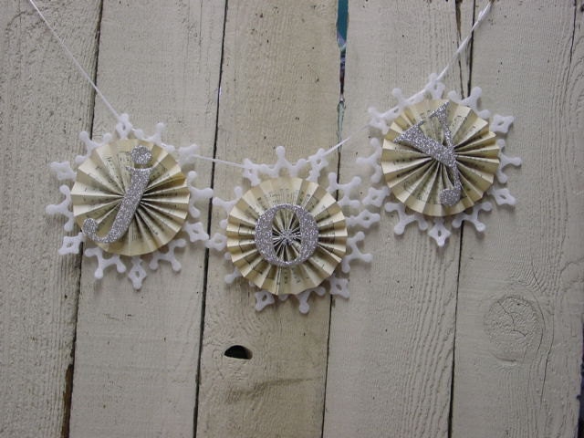 Handcrafted silver glitter JOY banner / Christmas banner / shabby chic / country cottage