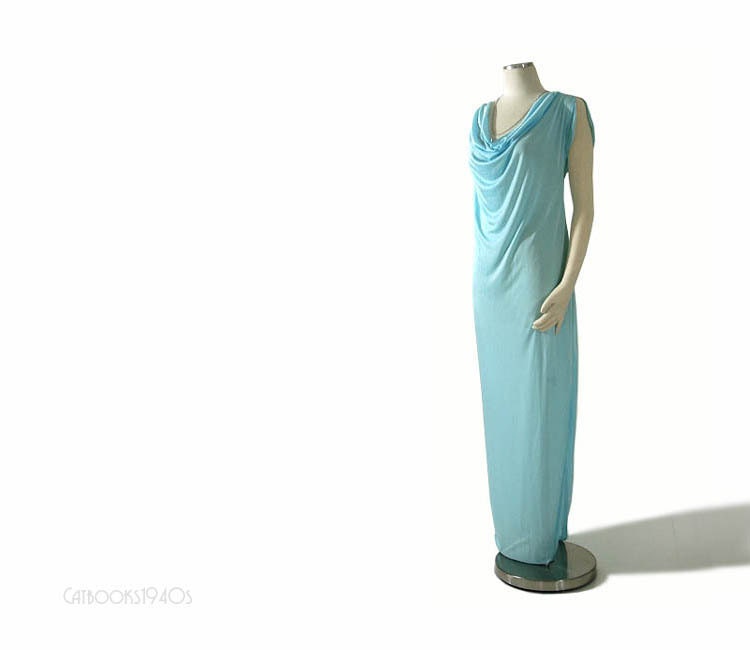 Vintage 70s JOHN KLOSS Goddess Nightgown - Draped Cowl Neck Tropical Ocean Blue Size S / M