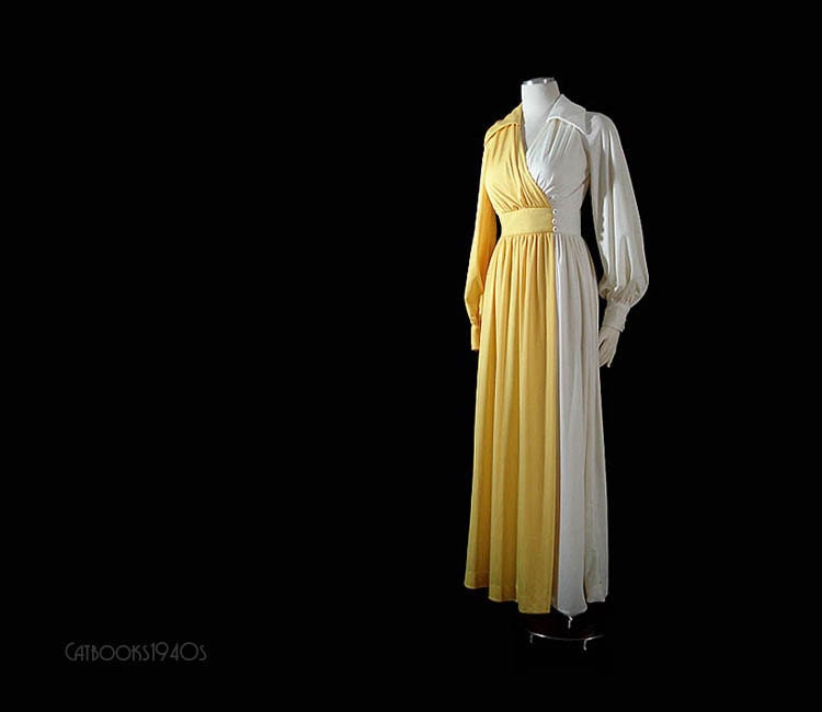 Vintage 1970s ESTEVEZ Maxi Dress Evening Gown - Yellow White Colorblock Size S