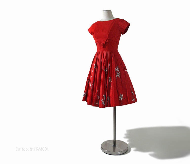 Vintage Red Dress 60s - 1960s Full Skirt Dress - Hand Screened Print  S