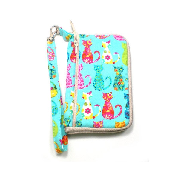 Wrap Around Zipper Gadget Cell Phone Case Wristlet - Colorful Calico Cats on Turquoise Blue