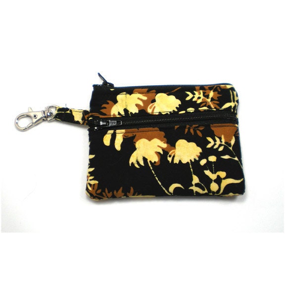 Small Zippered Wallet Change Purse Gadget Case Black Brown and Butter Yellow Leaf Batik