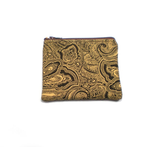 Pocket Zipper Case Change Purse Brown and Tan Paisley