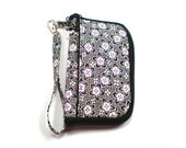 Wrap Around Zipper Gadget Cell Phone Case Wristlet Black White and Purple Flowers