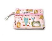 Small Zippered Wallet Change Purse Gadget Case Sewing and Cats on Pink
