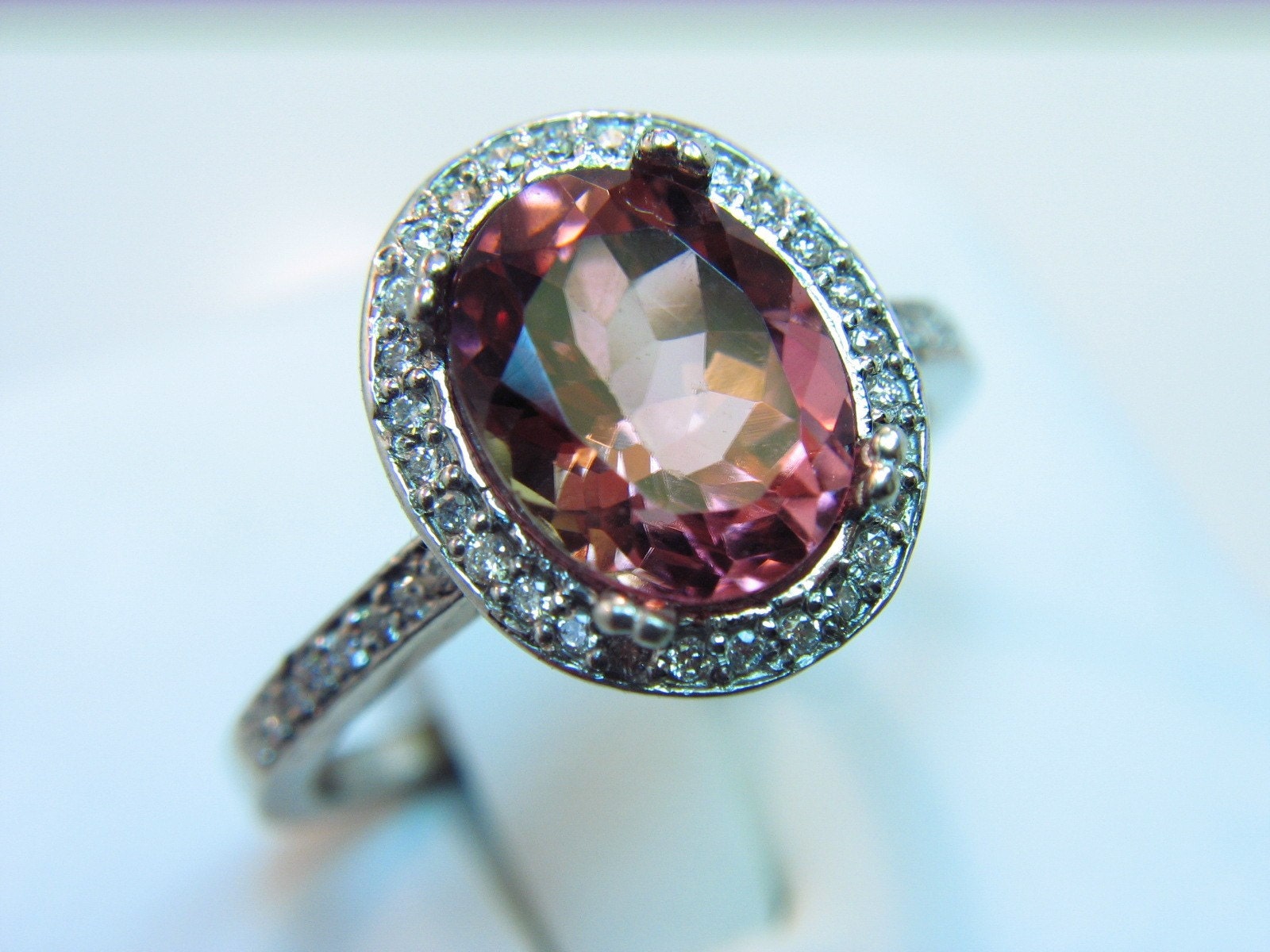 2.88 Carat 10 X 8mm. Natural Salmon PinkRubellite Red Tourmaline set in a 14k White gold ring with diamonds (.33ct) 0326