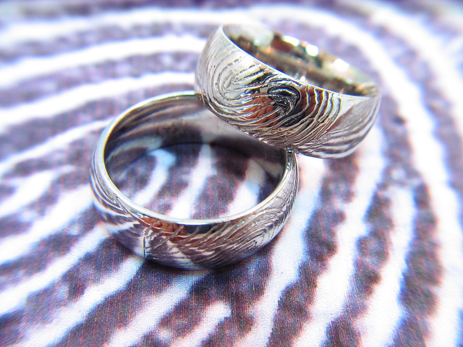 His and Hers Unique Hand Engraved FINGER PRINT rings 18K White gold 8mm Bands