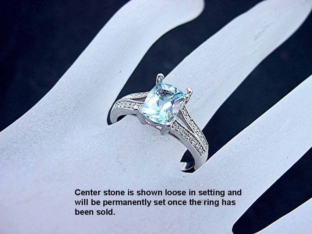 Natural AAAA Blue Aquamarine 9x7mm 1.91 Carat set in 14K white gold diamond (.30ct) Engagement ring.0702