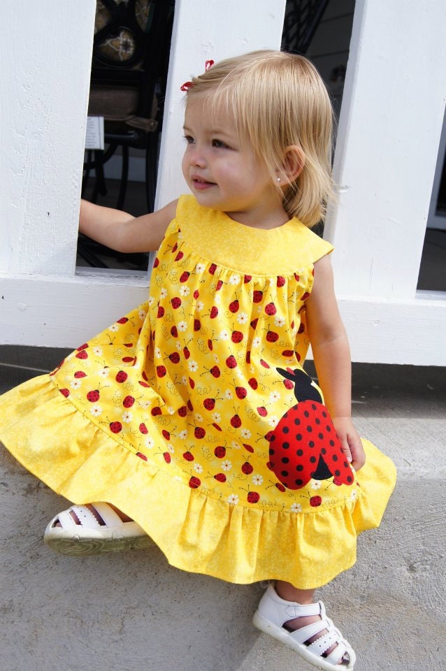 Girls Dress, Ladybug, Toddler Applique Dress, Ruffles, Children Clothing, Yellow, Size 1,  2, 3, 4