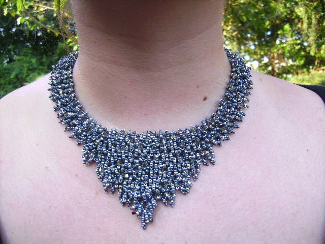 Gray Silk and Swarovski Crystal Lavish beaded bib style necklace with Crystal button