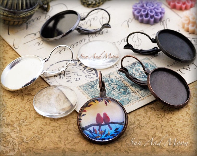 10 Petite Earring Pendant Trays with Glass Inserts - Mix and Match - 12mm Cabochon Settings - Leverback - PERT