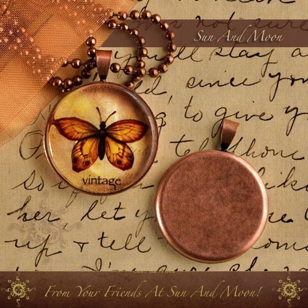 10 Vintage Copper Pendant Trays with GLASS Inserts - 1 Inch Diameter Circle - Mix n Match - Cabochon Setting - 1CPT