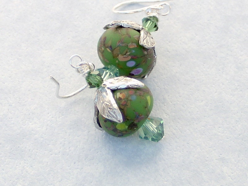 Lampwork Glass Bead Sterling Silver Crystal Earrings - Fern Romance