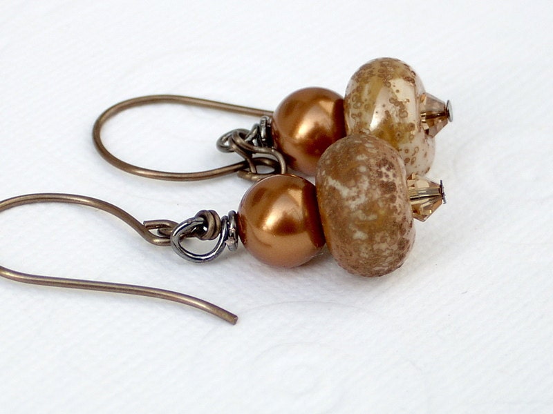 Lampwork Bead Swarovski Crystal Pearl Vintaj Brass Organic Woodland Earrings