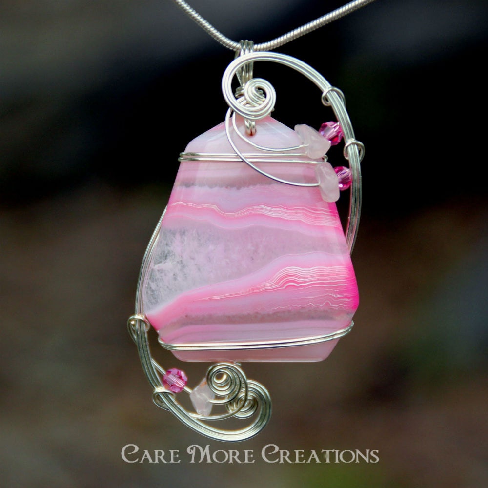 Wire Wrapped Necklace- Pink Druzy Crystal Agate Pendant in Silver Plate - Healing Stone