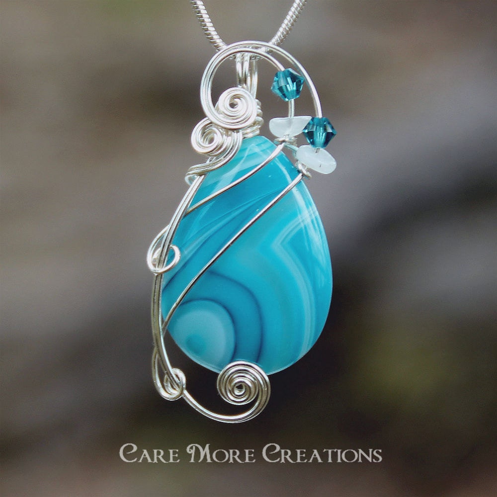 Blue Stripes Agate Wire Wrapped Pendant - Blue and White Necklace in Silver - Healing Stone