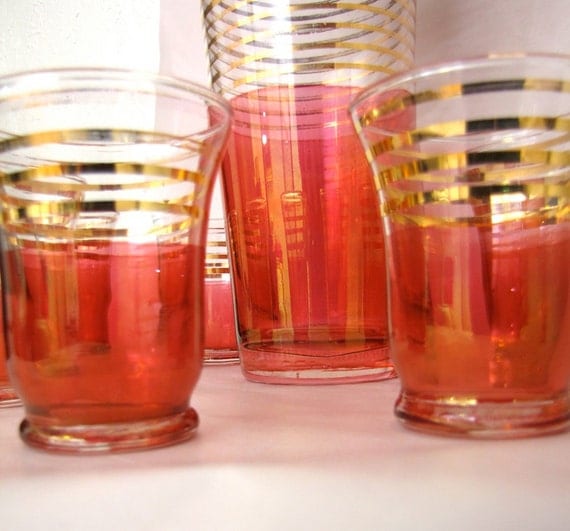 Vintage Pink Cocktail Shaker and Glasses set Art Deco 1930s Gatsby